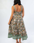 Back view of sleeveless brown floral midi dress showing smocked panel and flared silhouette for comfort and style.