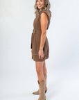 Side view of Charlie Belted Brown Mini Dress – Chic Fall Mini Dress showing belted waist and structured silhouette, ideal for casual fall outfits.