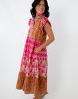 Colorful patchwork tiered midi dress for women