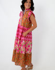 Colorful patchwork tiered midi dress for women