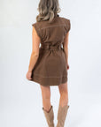 Back view of Charlie Belted Brown Mini Dress – Chic Fall Mini Dress featuring contrast stitching and a flattering mini hemline for autumn styling.