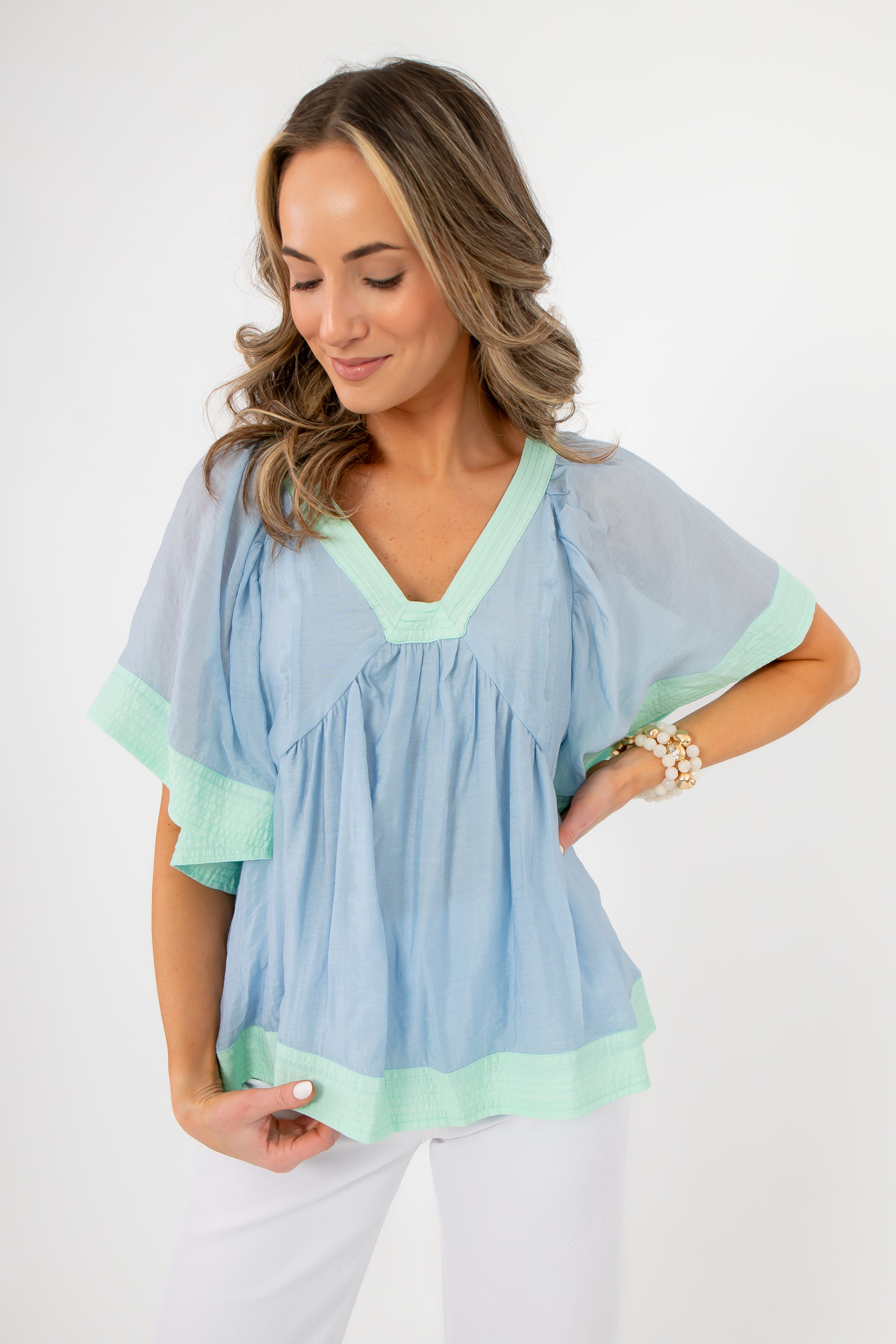 Lizzy Blue & Mint Color Block Flare Sleeve Top – Pastel Coastal