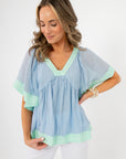 Lizzy Blue Mint Color Block Flare Sleeve Top