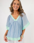 Lizzy Blue Mint Color Block Flare Sleeve Top