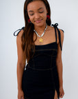 Dark denim dress with built-in shorts for USC game day outfit, neutral game day outfit