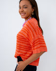 Short sleeve sweater for fall workwear, orange striped sweater for fall, striped sweater for fall