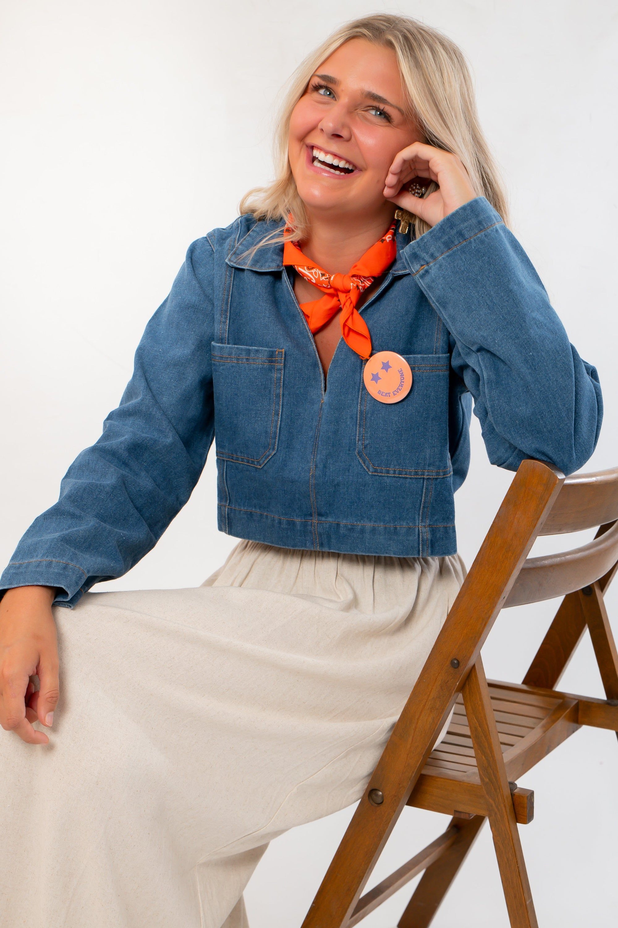 Denim Long Sleeve Top - Wide Open Layering styled with a cream maxi skirt and orange bandana. Lightweight and perfect for casual fall outfits.