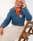Denim Long Sleeve Top - Wide Open Layering styled with a cream maxi skirt and orange bandana. Lightweight and perfect for casual fall outfits.