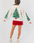 Back view of Cozy & Chic Christmas Tree Plush Cardigan highlighting large Christmas tree graphic, ideal for stylish holiday celebrations.