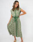 Emerald Deco Printed Satin Midi Dress featuring a sleeveless cut, green belt, and elegant Art Deco print for stylish occasions.