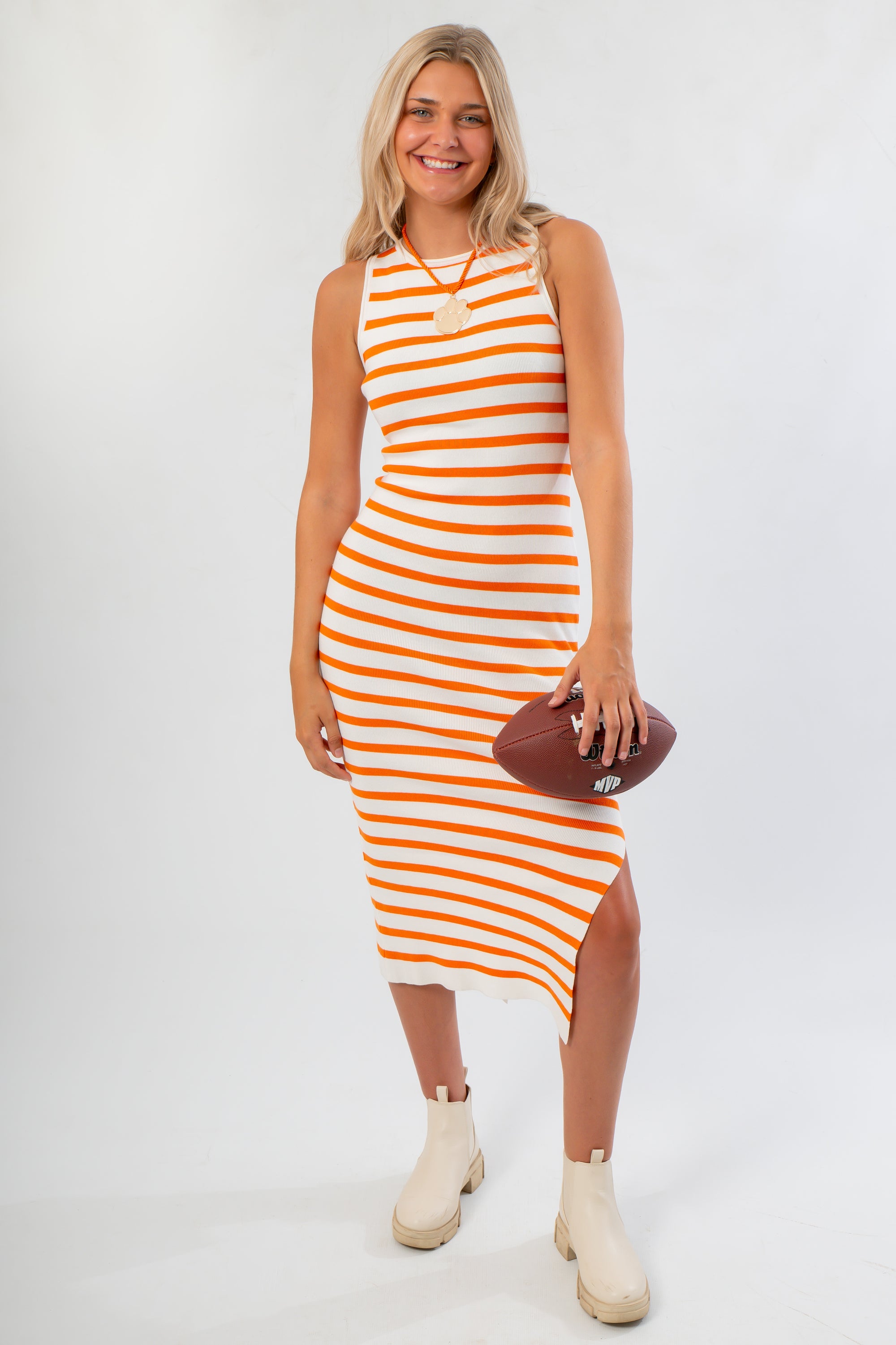 Yard Lines White & Orange Striped Midi Dress