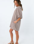 Brown gingham mini dress with side pockets and half sleeves, fall mini dress, neutral game day dress