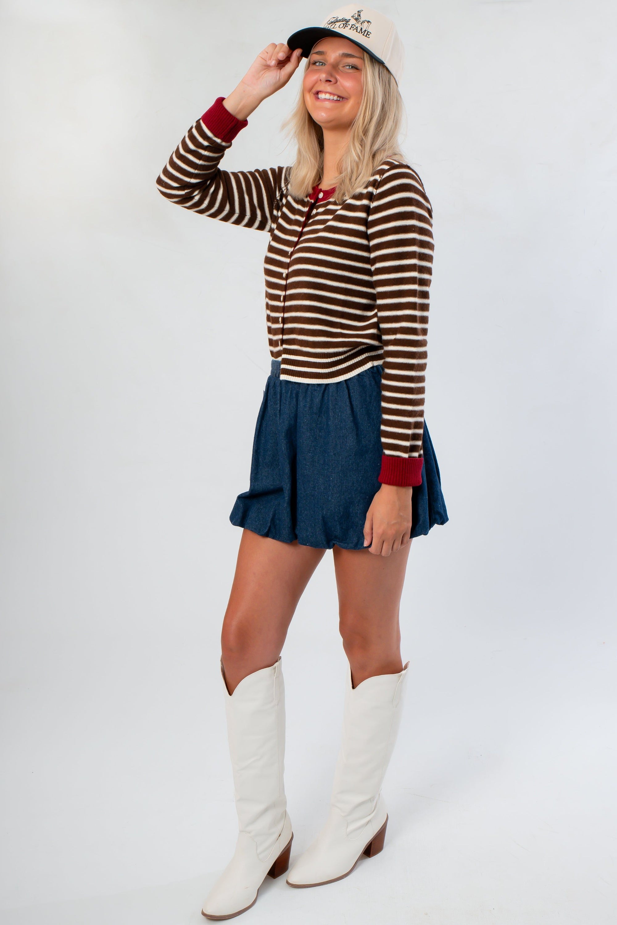 Side view of Jenna's Brown Burgundy Stripe Cardigan, showcasing its fitted knit design and versatile layering style for tops category.