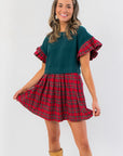 Festive Mistletoe Moment Tartan Plaid Babydoll Dress featuring ruffled sleeves and a flared red plaid skirt, ideal for casual Xmas gatherings.
