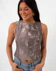 Denim sleeveless crop top with tie-back