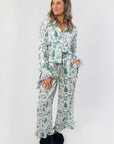 Heritage Holiday Toile Green Pajama Set – Festive & Cozy two-piece sleepwear with holiday print, ruffle cuffs, and ribbon tie waist, front view.