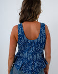 Deep blue top with white fish print for summer