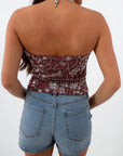 Beaded tube top with floral embroidery in mauve