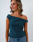 Teal stripe asymmetrical knit top for summer