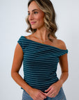 Teal Stripe Asymmetrical Knit Top