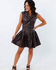 Brown faux leather mini dress with waist belt, neutral game day dress, leather mini dress