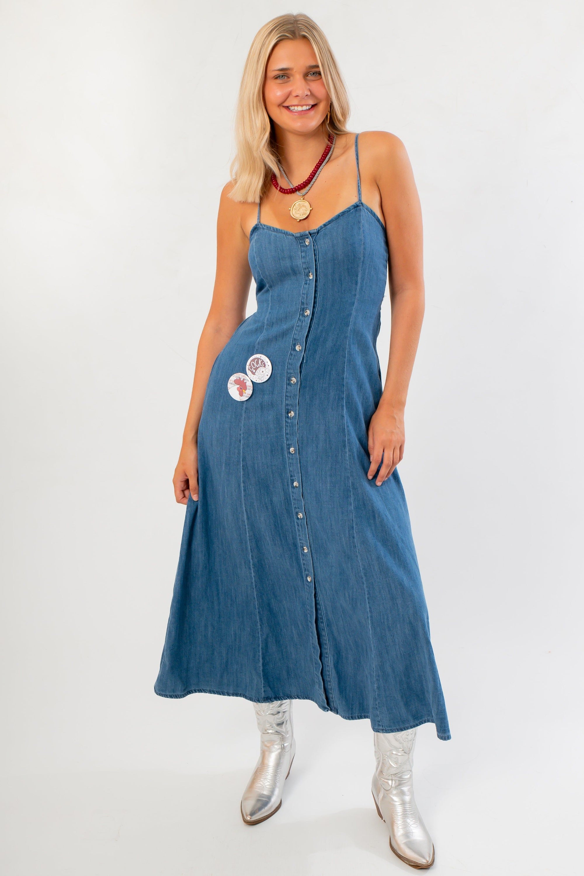 Z Supply Angel Eyes Denim Midi Dress in medium indigo, featuring front buttons, pockets, and a flattering fit for effortless fall style.