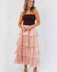 Designed to Shine Wine Strapless Tiered Midi Dress featuring a ribbed wine bodice and layered blush satin skirt, ideal for holiday parties.