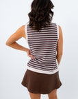 Sleeveless casual tank top for fall, brown and white striped sleeveless top, fall sleeveless tops