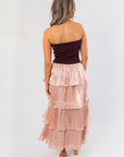 Back view of Designed to Shine Wine Strapless Tiered Midi Dress with soft tiered satin skirt and ribbed strapless bodice, ideal for weddings or xmas.