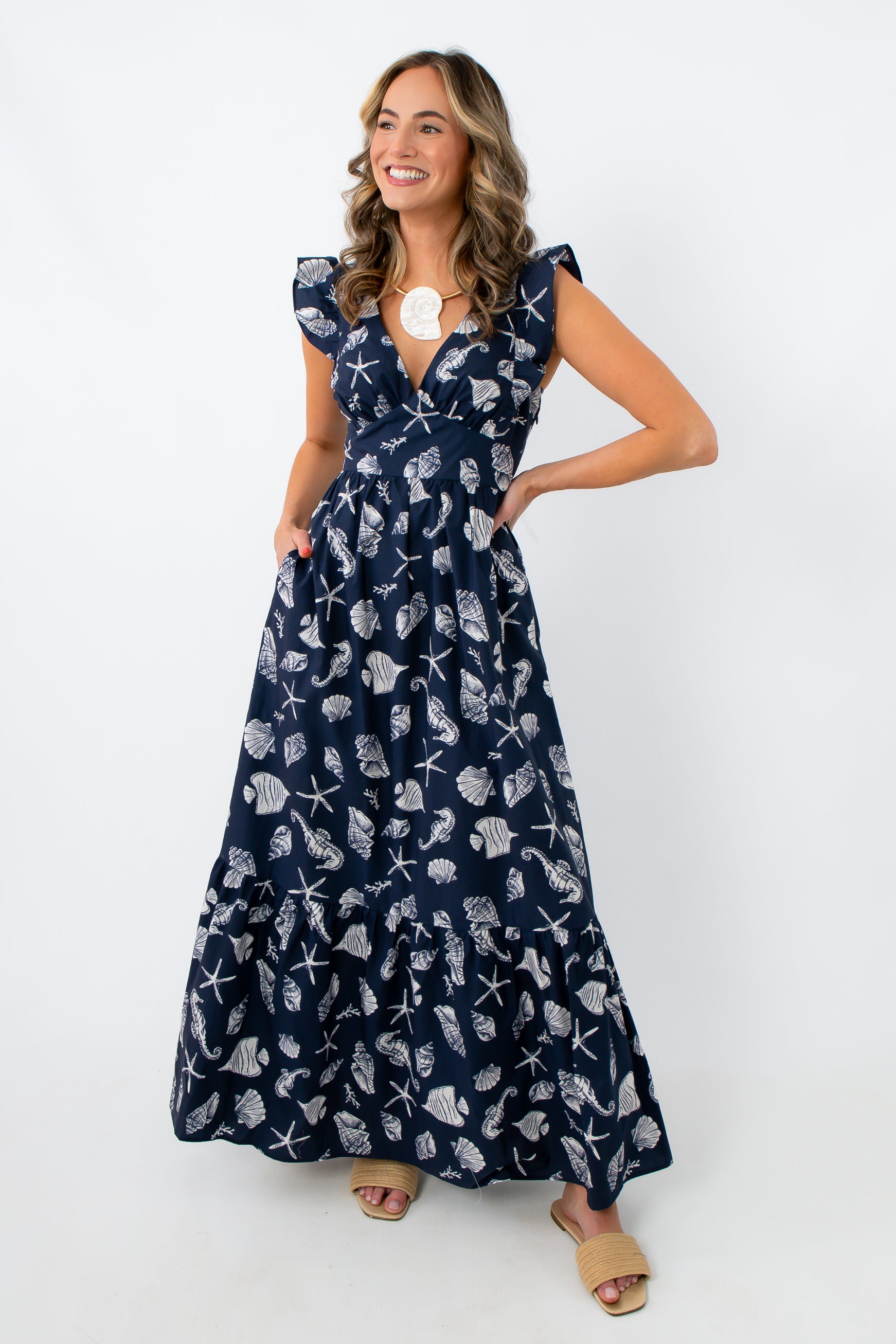 Moonlit Shore Navy Seashell Print Ruffle Maxi Dress | Beach Vacation L. Mae Boutique Moonlit Shore Navy Seashell Print Ruffle Maxi Dress | Beach Vacation L. Mae Boutique