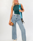Funnel Neck Tank - RD Style Funnel Top in green with ruched sides, styled for gameday with wide-leg jeans and accessories. Sleek and versatile look.