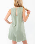 Back view of the sage green tank romper with a keyhole detail, offering a stylish and breathable design for warm-weather wear.