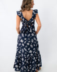 Moonlit Shore Navy Seashell Print Ruffle Maxi Dress