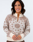 Fall pullover sweater with bandana pattern, patterned sweater with half zipper, half zip sweater with bandana pattern