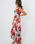 Side view of MinkPink Red Floral Arabella Mesh Midi Dress showing ruched waist and flowing silhouette, great for spring weddings.