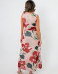 Back view of MinkPink Red Floral Arabella Mesh Midi Dress with sheer mesh layer and vibrant floral print, ideal for elegant occasions.