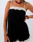 Black & Cream Scallop Trim Linen Tank and shorts set