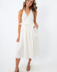 White eyelet midi dress with tie waist for summer and bridal photos