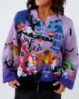 Lavender cardigan with sequin trick or treating scene, Queen of Sparkles Halloween Sweater, Purple Queen of Sparkles Sweater