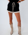 Black & Cream Scallop Trim Linen Shorts with adjustable drawstring and side pockets