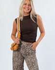 Luck Of The Draw Brown Ruched Funnel Neck Tank – Sleek Fit styled with leopard print pants and tan crossbody bag, ideal for fall layering.