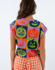 Fall short sleeve Halloween knit top with pumpkins, Queen of Sparkles Halloween knit top, sleeveless sweater for Halloween