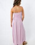 Lilac strapless ruched maxi dress for summer occasions