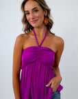 Purple beaded halter neck top for warm weather game day look