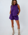 Purple game day outfit with coordinating denim top and shorts