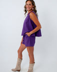 LSU gameday outfit for women, purple top and shorts for college football game day look, clemson game day outfit, TCU game day outfit
