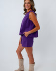 LSU gameday outfit for women with matching purple denim top and shorts