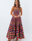 Pull on fit gingham maxi dress with adjustable straps, long gingham dress, colorful long dress for fall