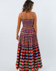 Fall maxi dress with colorful gingham pattern, colorful fall maxi dresses, long gingham dress with adjustable straps