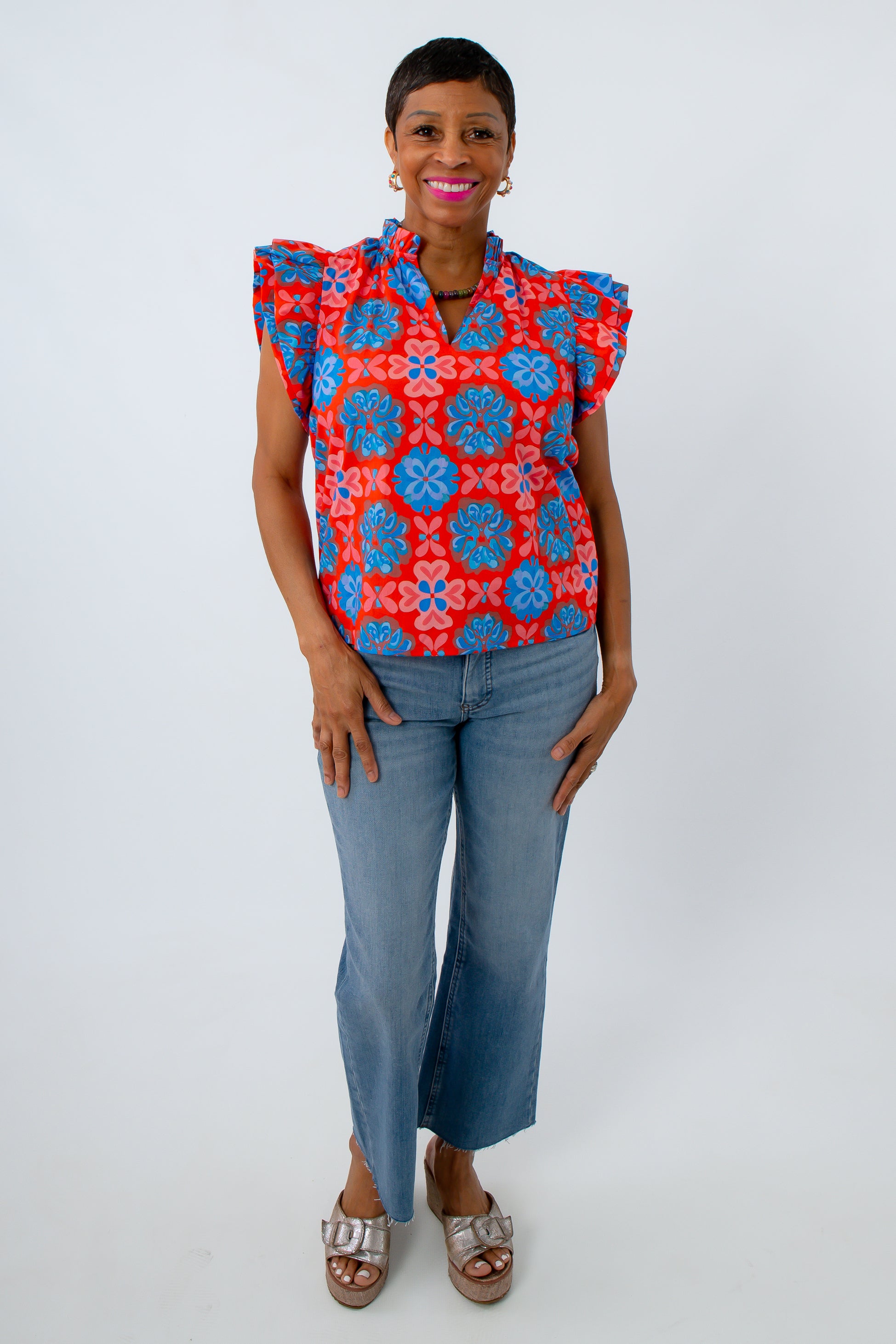 THML Lyra Floral Mosaic Ruffle Sleeve Top | 100% Cotton Summer